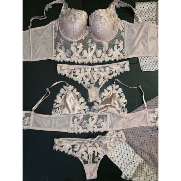 Victoria's Secret longline 36C BRA SET+BRALETTE+ROBE dusty pink taupe APPLIQUE - Picture 5 of 11